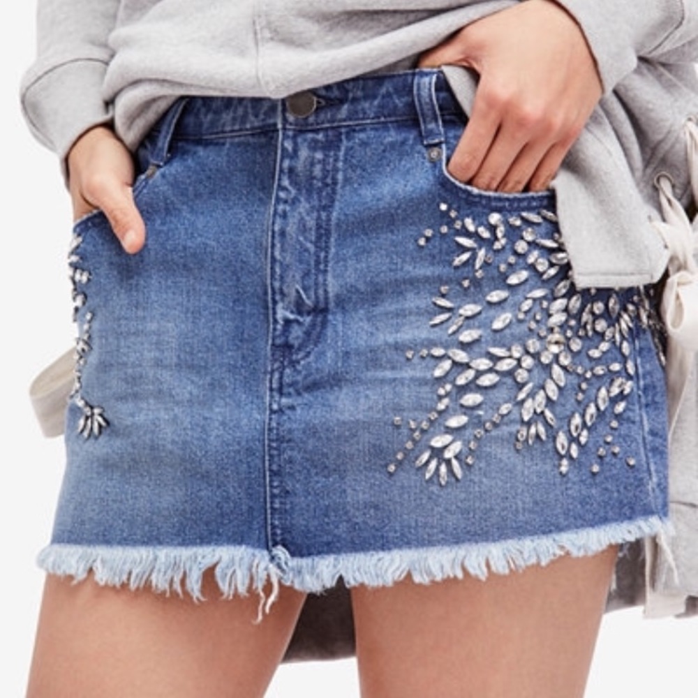 Free People Embellished Jean Mini Skirt
